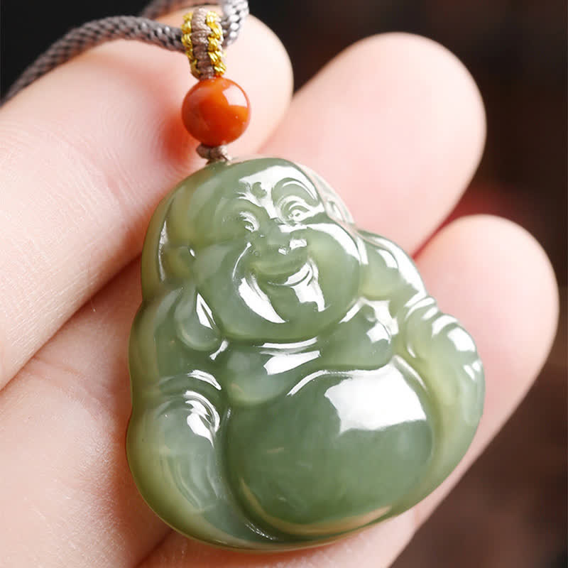 Nimara Ritual Laughing Buddha Hetian Jade Abundance Necklace String Pendant