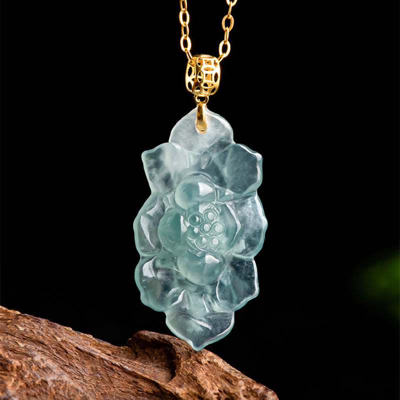 Nimara Ritual Natural Jade Lotus Pattern Prosperity Titanium Steel Chain Necklace Pendant