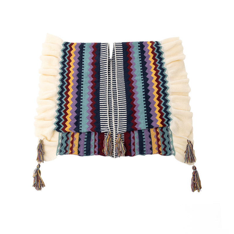 Nimara Ritual Tibetan Shawl Colorful Striped Wavy Line Tassels Winter Cozy Travel Scarf Wrap
