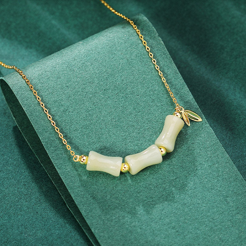 Nimara Ritual 925 Sterling Silver Hetian Jade Bamboo Fu Character Prosperity Necklace Pendant Bracelet