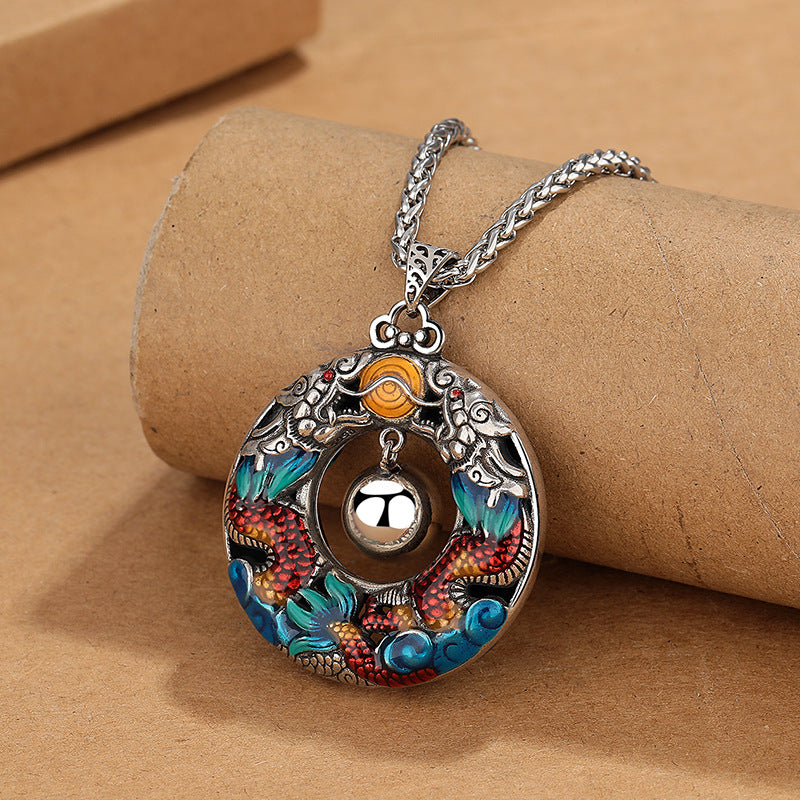 Nimara Ritual Year of the Dragon Colorful Double Dragons Playing Bead Copper Protection Necklace Pendant