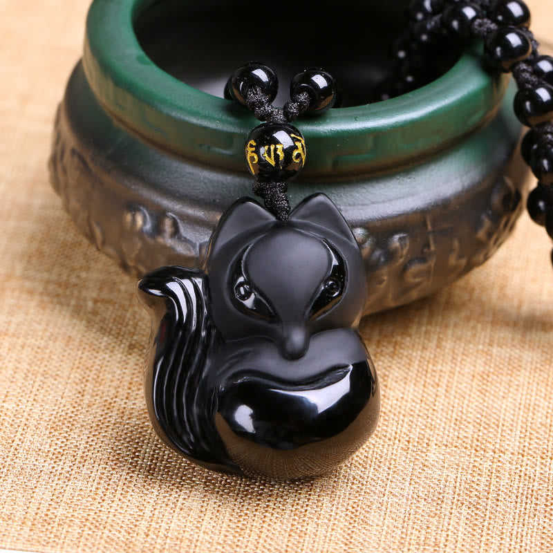 Nimara Ritual Natural Black Obsidian Tiger Eye Ice Obsidian Fox Pendant Amulet Necklace