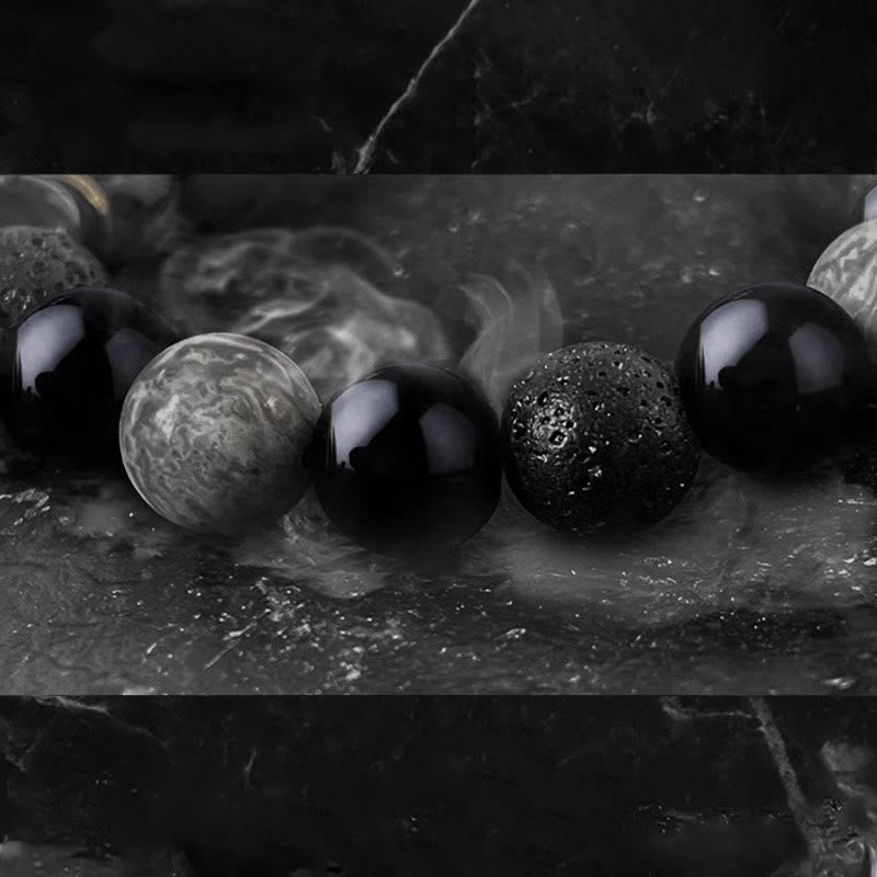 Transmute Negative Energy Black Obsidian Lava Rock Stone Yin Yang Strength Bracelet