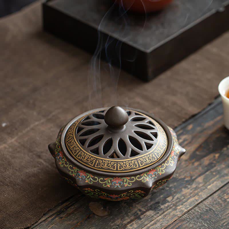 Nimara Ritual Tibetan Floral Pattern Ceramic Blessing Incense Burner Decoration