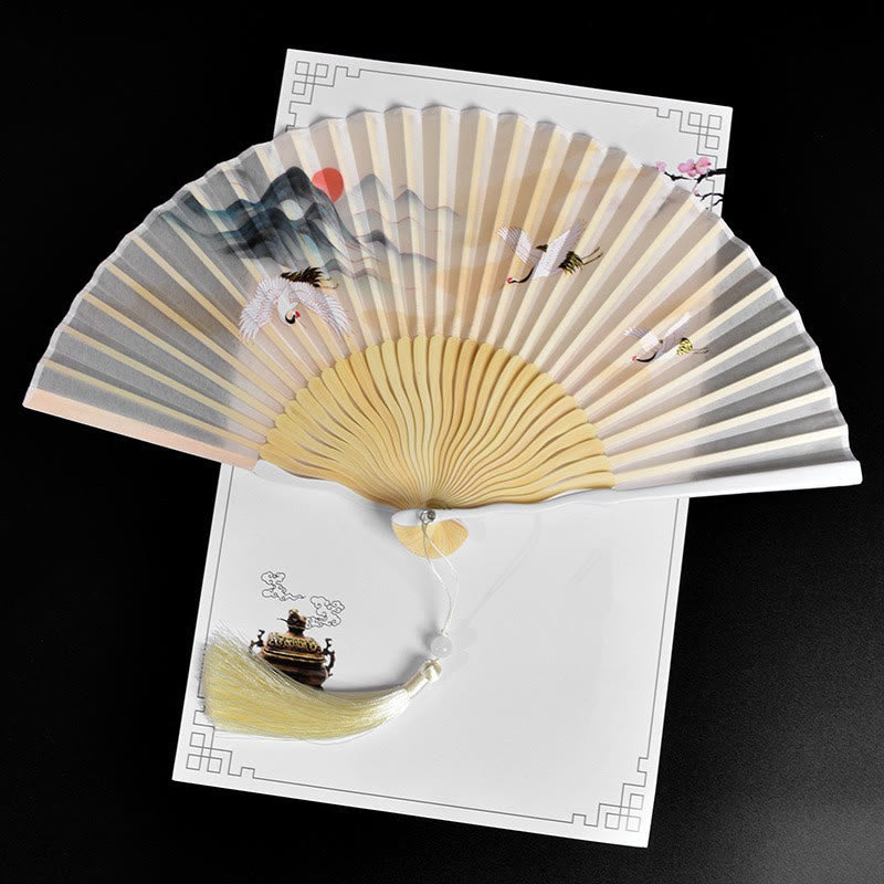 Nimara Ritual Vintage Cloud Crane Pattern Handheld Bamboo Folding Fan