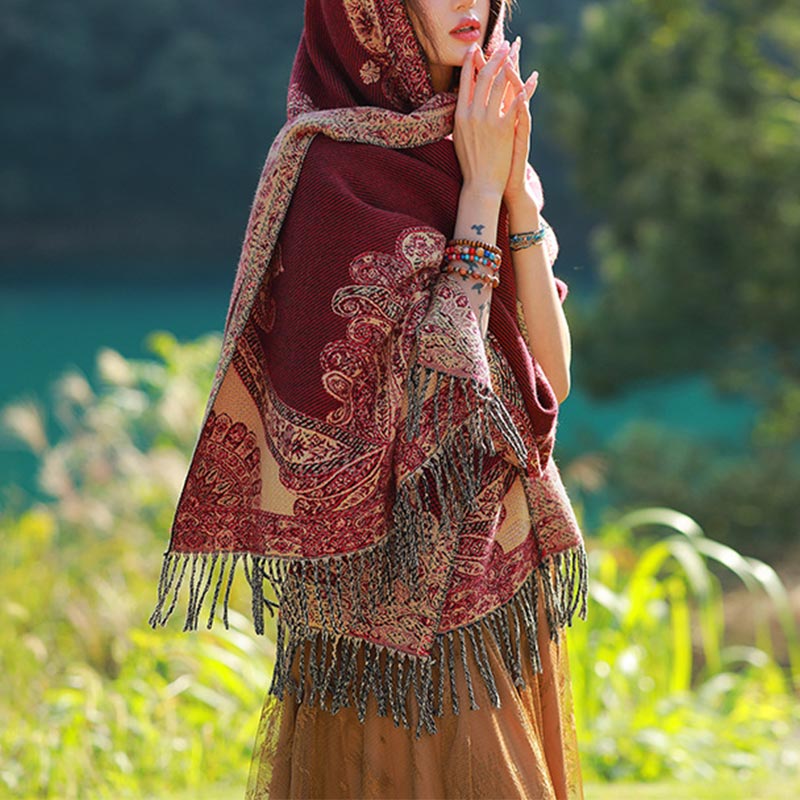 Nimara Ritual Tibetan Vine Leaves Pattern Design Shawl Cozy Travel Scarf Wrap