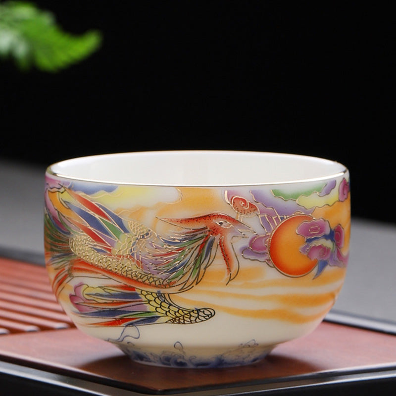 Nimara Ritual Dragon Phoenix Auspicious Clouds Sun Ocean Waves Ceramic Teacup Kung Fu Tea Cup