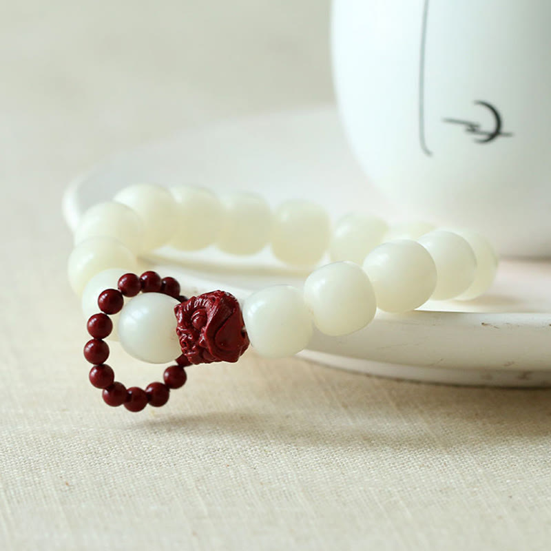 Nimara Ritual Natural Bodhi Seed Cinnabar Dancing Lion Charm Wisdom Harmony Wrist Mala