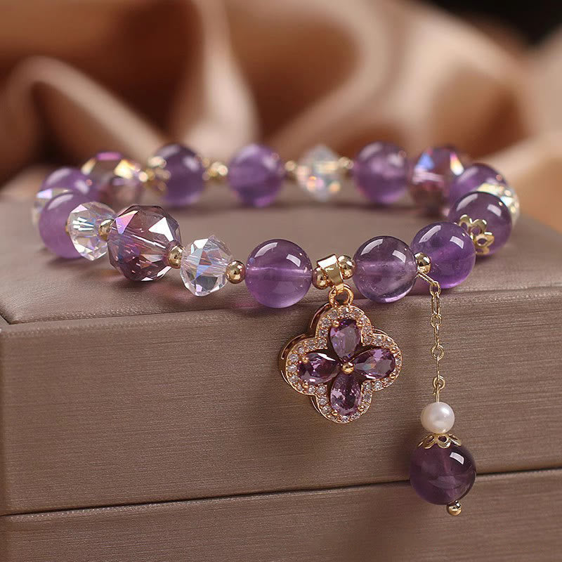 Nimara Ritual Natural Amethyst Crystal Four Leaf Clover Spiritual Healing Bracelet