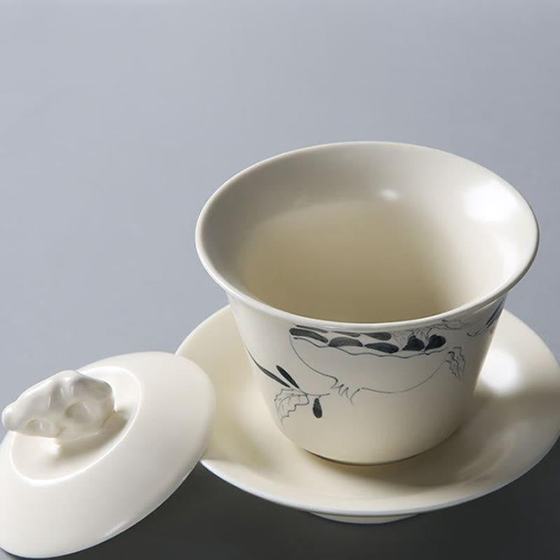 Nimara Ritual Hand Painted Pomegranate Hibiscus Pine Lotus Ceramic Gaiwan Sancai Teacup Kung Fu Tea Cup And Saucer With Lid