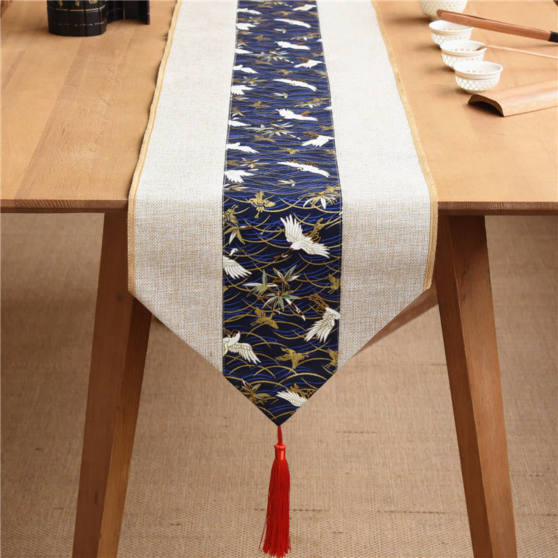 Nimara Ritual Classic Chinese Style Lotus Koi Fish Flower Crane Calligraphy Enlightenment Cotton Linen Tassels Table Runner