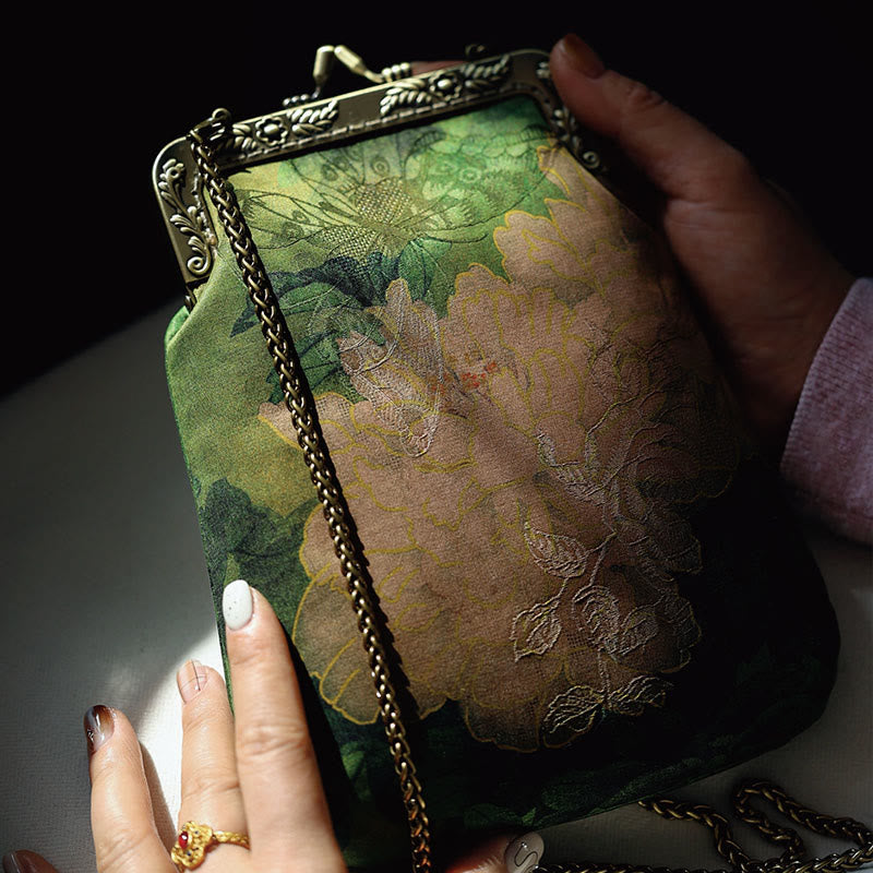Nimara Ritual Small Green Peony Butterfly Metal Chain Crossbody Bag Shoulder Bag Cellphone Bag
