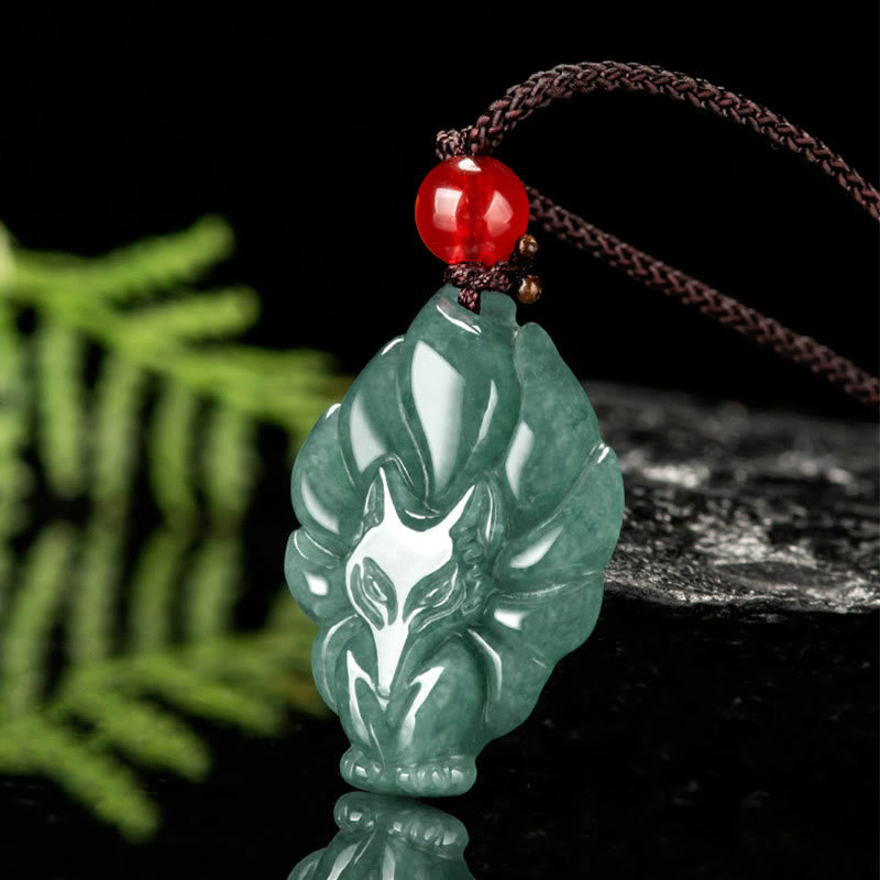 Nimara Ritual Natural Green Jade Nine Tailed Fox Luck Necklace Pendant