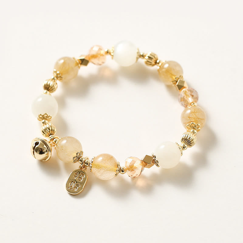 Nimara Ritual 14K Gold Plated Golden Rutilated Quartz Wealth Bell Lucky Fortune Charm Bracelet