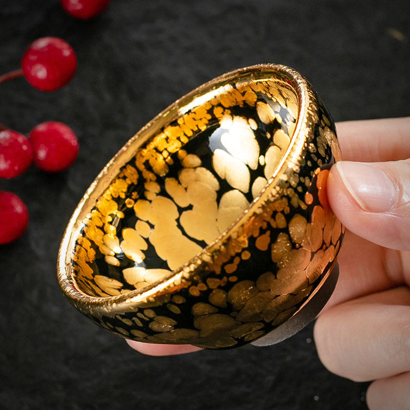 Nimara Ritual 24K Gold Spot Pattern Chinese Jianzhan Ceramic Teacup Kung Fu Tea Cup Bowl With Gift Box