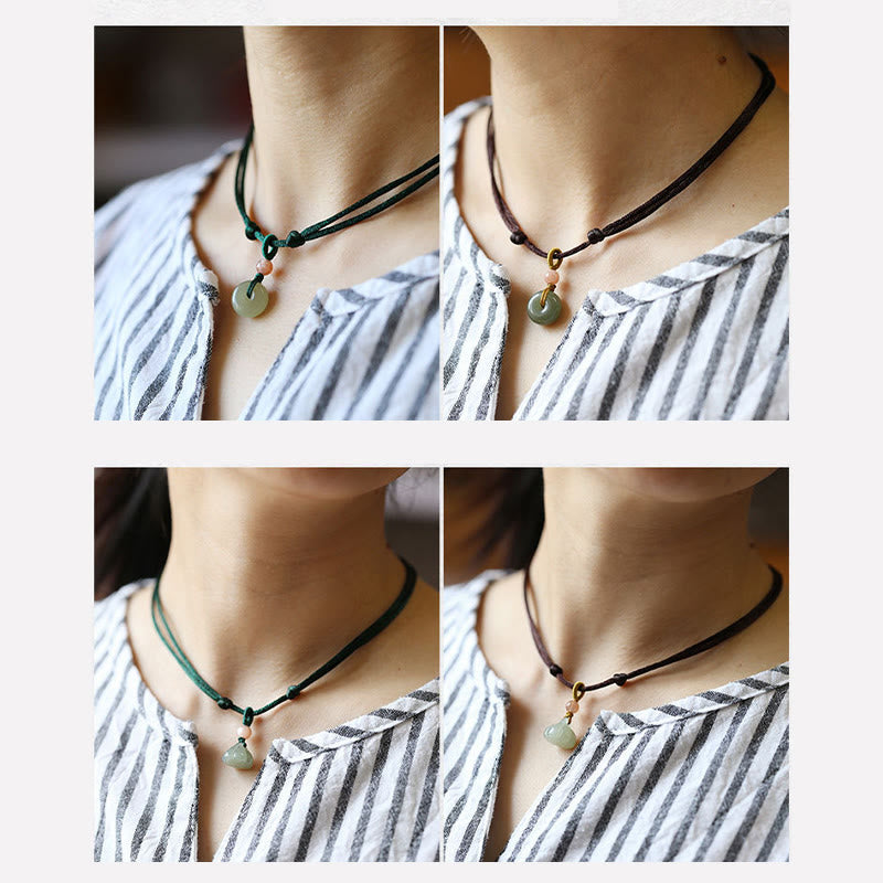 Nimara Ritual Natural Round Jade Peace Buckle Lotus Abundance String Necklace Pendant
