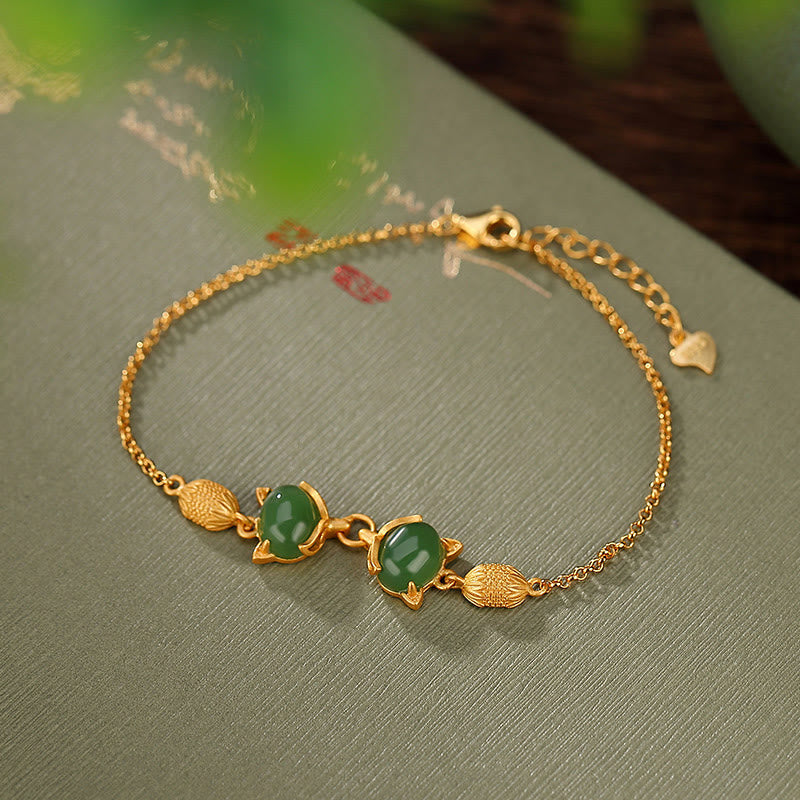 Nimara Ritual 925 Sterling Silver Natural Hetian White Jade Cyan Jade Lovely Fox Luck Bracelet
