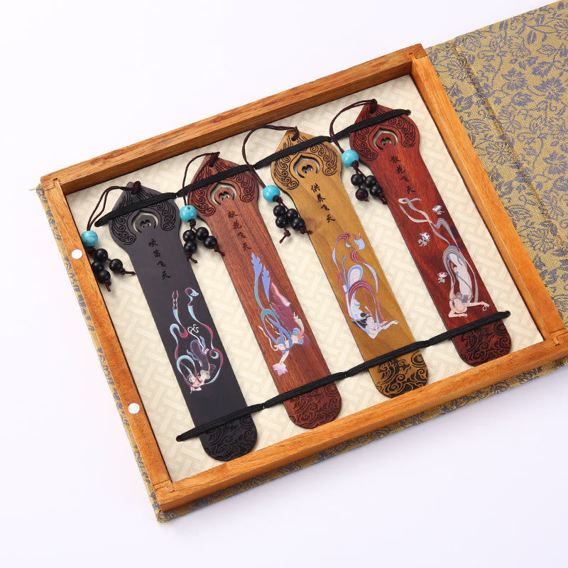 Nimara Ritual 4Pcs Four Seasons Plum Orchid Bamboo Chrysanthemum Peking Opera Mask Wood Bookmarks With Gift Box
