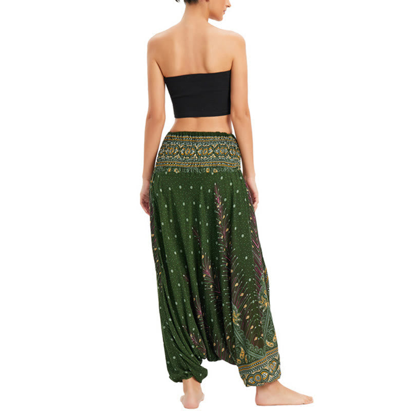 Nimara Ritual Two Style Wear Peacock Feather Loose Smocked Harem Trousers Jumpsuit High Waist Pants