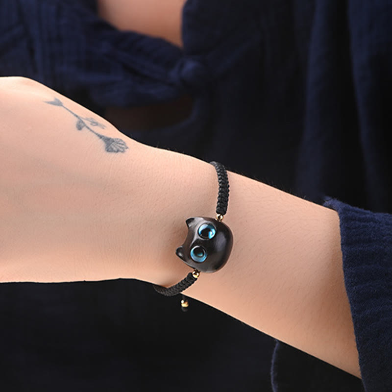 Nimara Ritual Small Leaf Red Sandalwood Ebony Wood Cute Cat Head Calm Protection Braided Bracelet