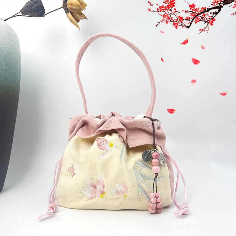 Nimara Ritual Suzhou Embroidery Lotus Epiphyllum Magnolia Cotton Linen Tote Crossbody Bag Shoulder Bag Handbag