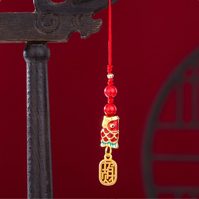 Nimara Ritual Koi Fish Cinnabar Attracting Wealth Wish Ruyi Charm Luck Phone Hanging Decoration