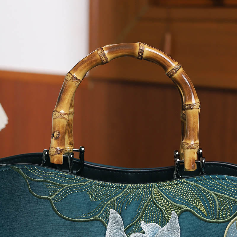 Nimara Ritual Lotus Embroidery Bamboo Handle Handbag