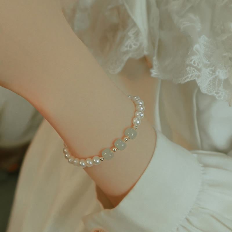 Nimara Ritual 14K Gold Plated Natural Pearl Hetian Cyan Jade White Jade Sincerity Bead Chain Bracelet