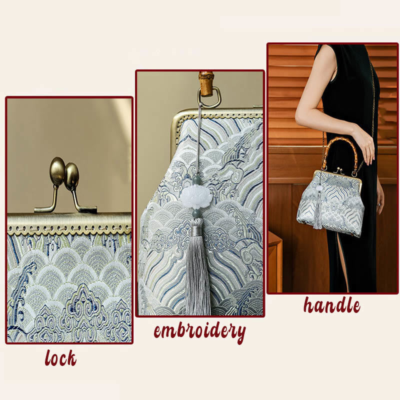Nimara Ritual Silver Lines Bamboo Handle Metal Chain Crossbody Bag Handbags