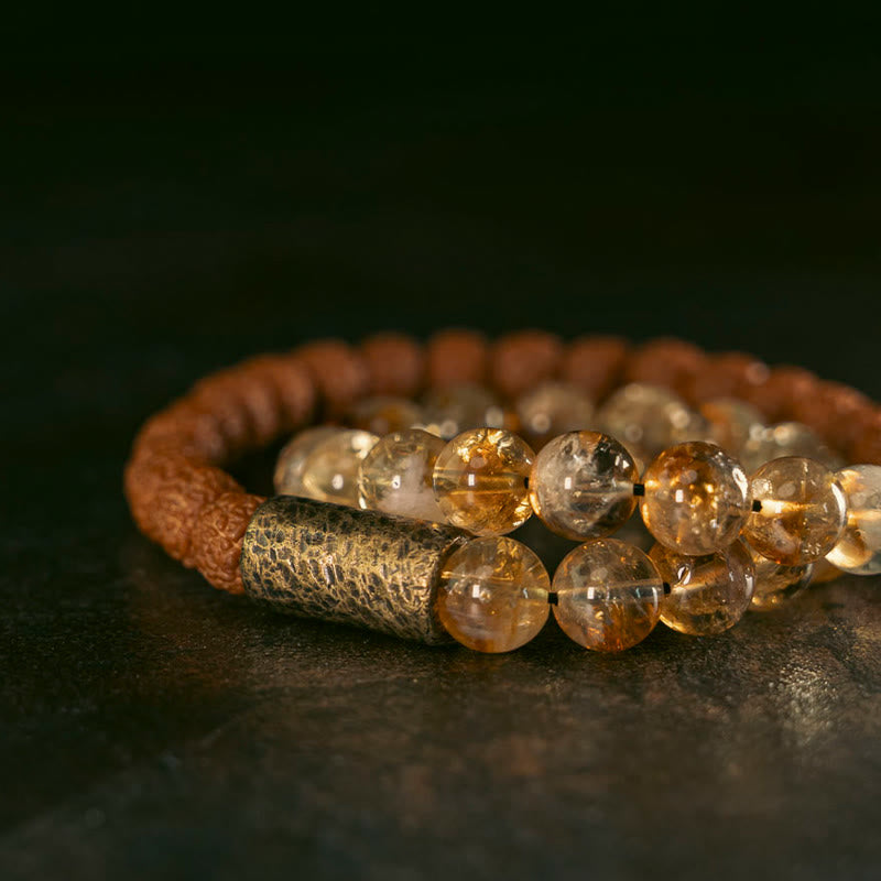 Nimara Ritual Natural Citrine Crystal Rudraksha Bodhi Seed Brass Bead Prosperity Double Wrap Bracelet
