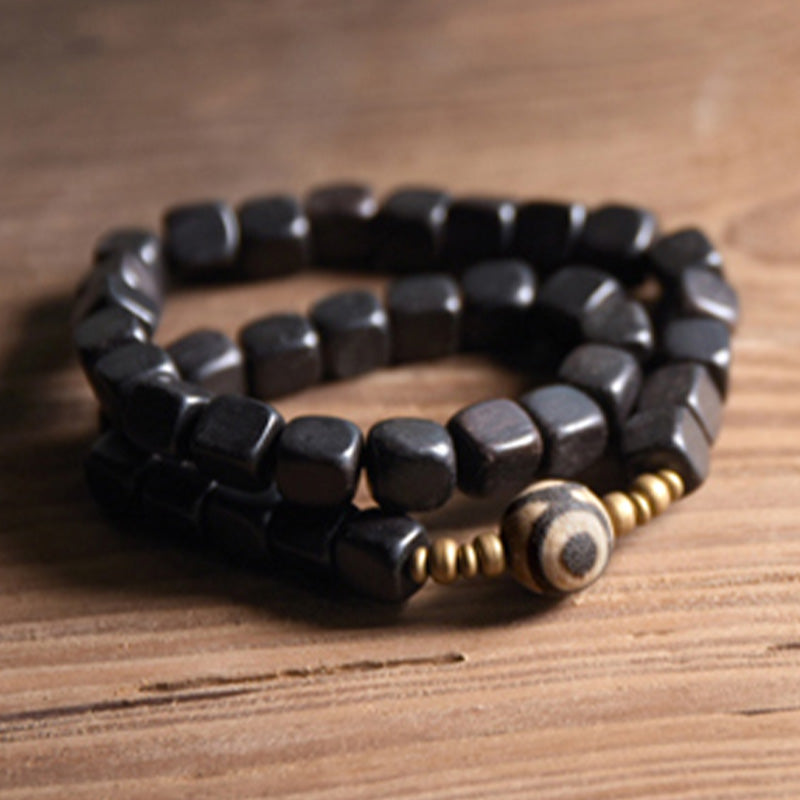 Nimara Ritual Ebony Wood Dzi Bead Copper Peace Couple Bracelet