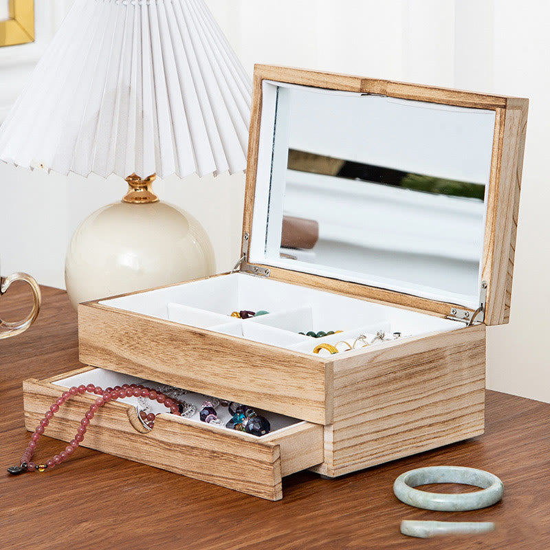 Nimara Ritual Retro Beige Wooden Jewelry Box Two-Layer Jewelry Storage Box With Mirror