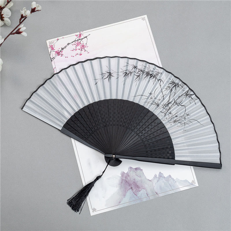 Nimara Ritual Mountains Plum Blossom Lotus Magpie Bamboo Leaves Handheld Silk Bamboo Folding Fan 22.5cm