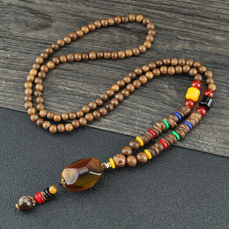 Nimara Ritual Tibetan Wenge Wood Bodhi Seed Agate Balance Peace Necklace Pendant