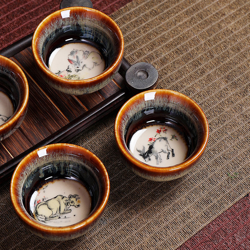 Nimara Ritual 12 Chinese Zodiac Pattern Ceramic Teacup Kung Fu Jian Chinese Zhan Tea Cup 73ml