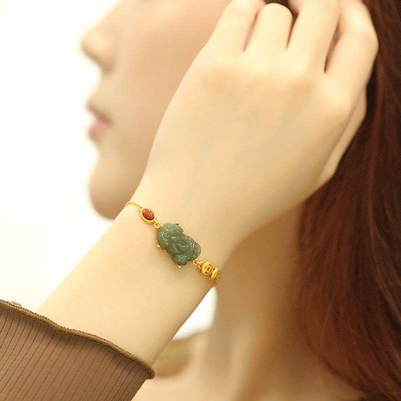 Nimara Ritual Cyan Jade PiXiu Copper Coin Red Agate Success Chain Bracelet