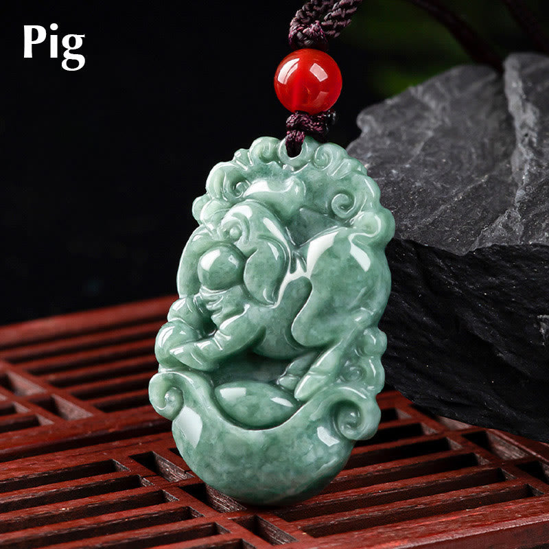 Nimara Ritual Natural Jade 12 Chinese Zodiac Prosperity Necklace Pendant