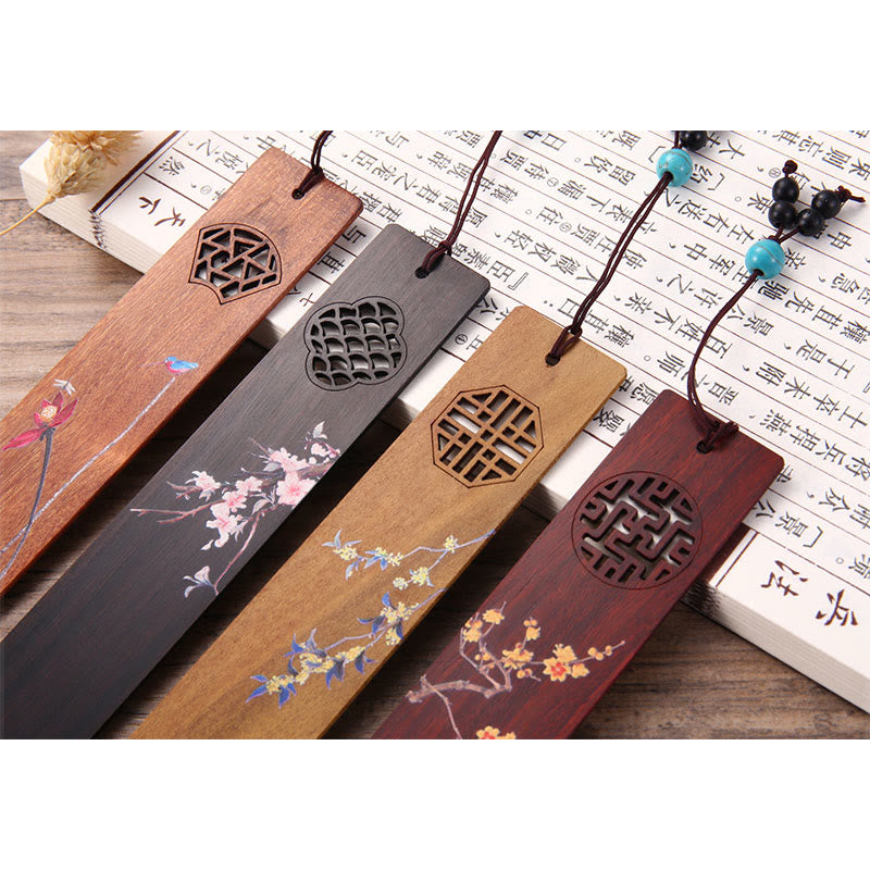 Nimara Ritual 4Pcs Four Seasons Plum Orchid Bamboo Chrysanthemum Peking Opera Mask Wood Bookmarks With Gift Box