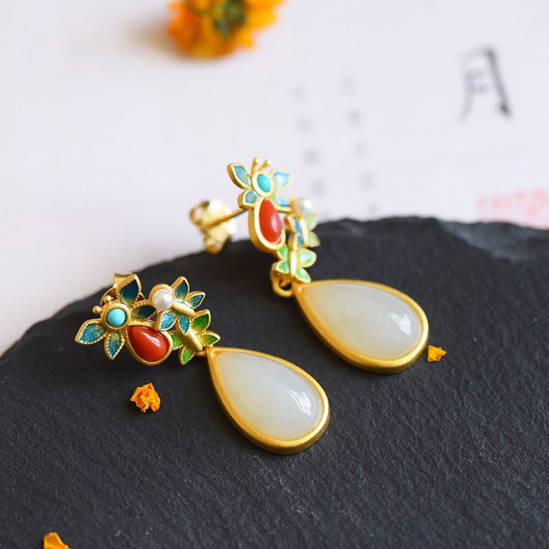 Nimara Ritual Water Drop White Jade Red Agate Butterfly Protection Drop Dangle Earrings
