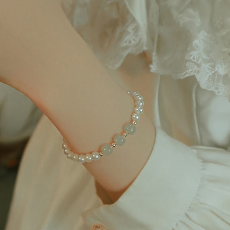 Nimara Ritual 14K Gold Plated Natural Pearl Hetian Cyan Jade White Jade Sincerity Bead Chain Bracelet