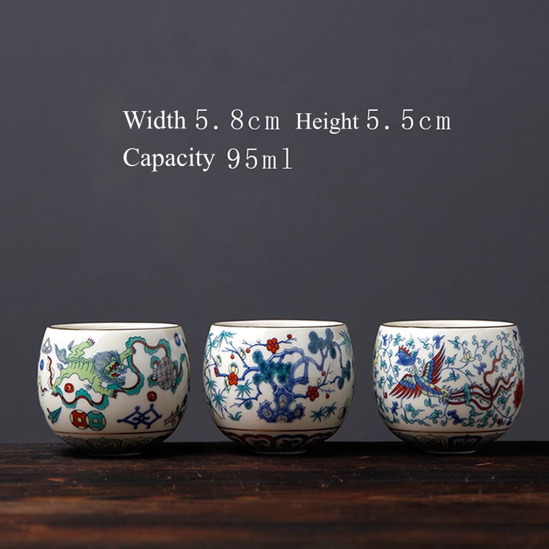 Nimara Ritual Vintage Plum Blossom Pine Bamboo Phoenix Kirin Lion Dancing Ceramic Teacup Tea Cups