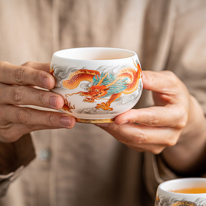 Nimara Ritual Dragon Phoenix Auspicious Clouds Ceramic Teacup Kung Fu Tea Cup With Gift Box