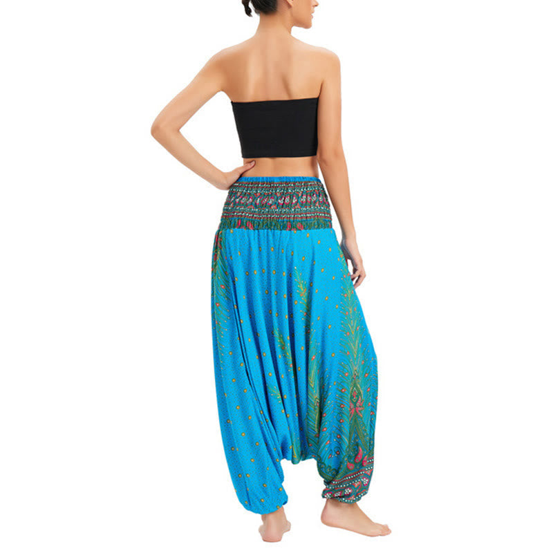 Nimara Ritual Two Style Wear Peacock Feather Loose Smocked Harem Trousers Jumpsuit High Waist Pants