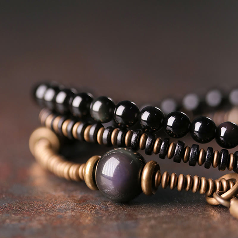 Nimara Ritual Rainbow Obsidian Ebony Wood Copper Healing Triple Wrap Bracelet