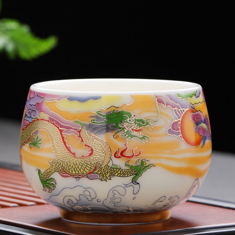 Nimara Ritual Dragon Phoenix Auspicious Clouds Sun Ocean Waves Ceramic Teacup Kung Fu Tea Cup