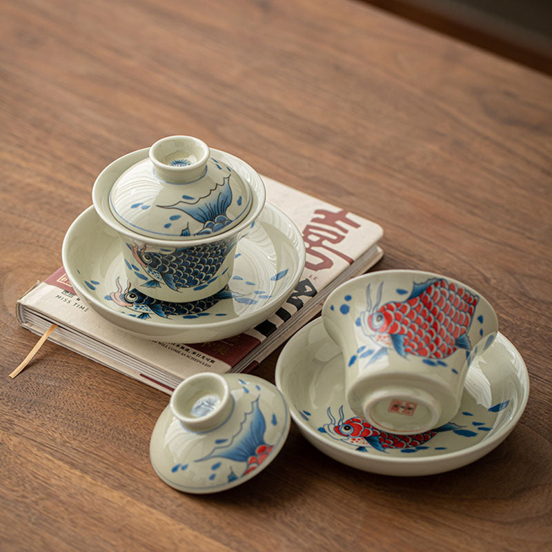 Nimara Ritual Koi Fish Arowana Ceramic Gaiwan Sancai Teacup Kung Fu Tea Cup With Lid 130ml
