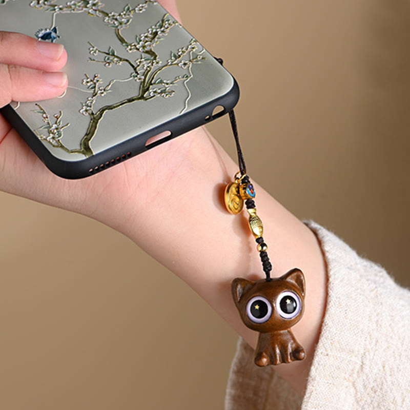 Nimara Ritual Green Sandalwood Lucky Cat Koi Fish Cure Key Chain Phone Hanging Decoration