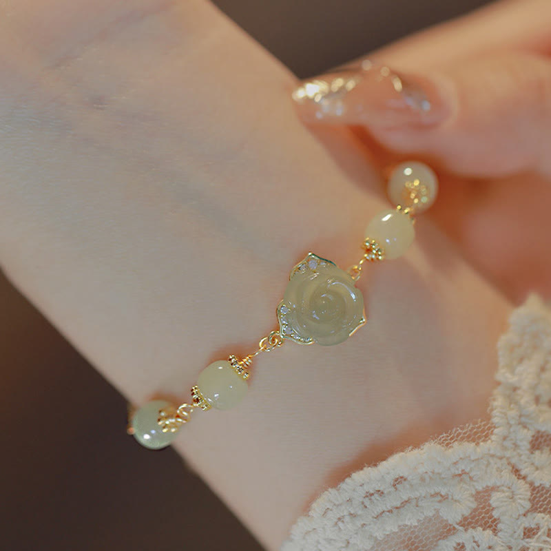 Nimara Ritual 14K Gold Plated Hetian Jade Rose Flower Luck Chain Bracelet