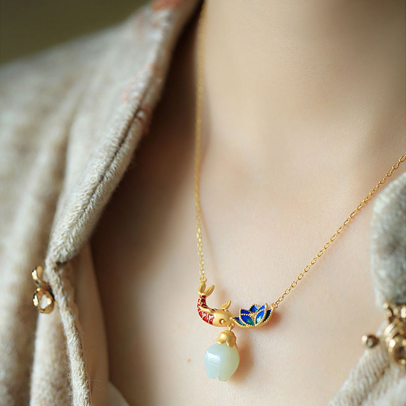 Nimara Ritual White Jade Koi Fish Lotus Copper Protection Necklace Pendant