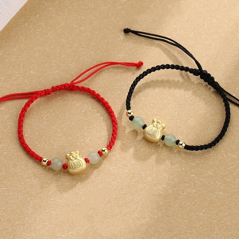 Nimara Ritual Lucky Money Bag Fu Character Jade Bead Luck Braided Bracelet